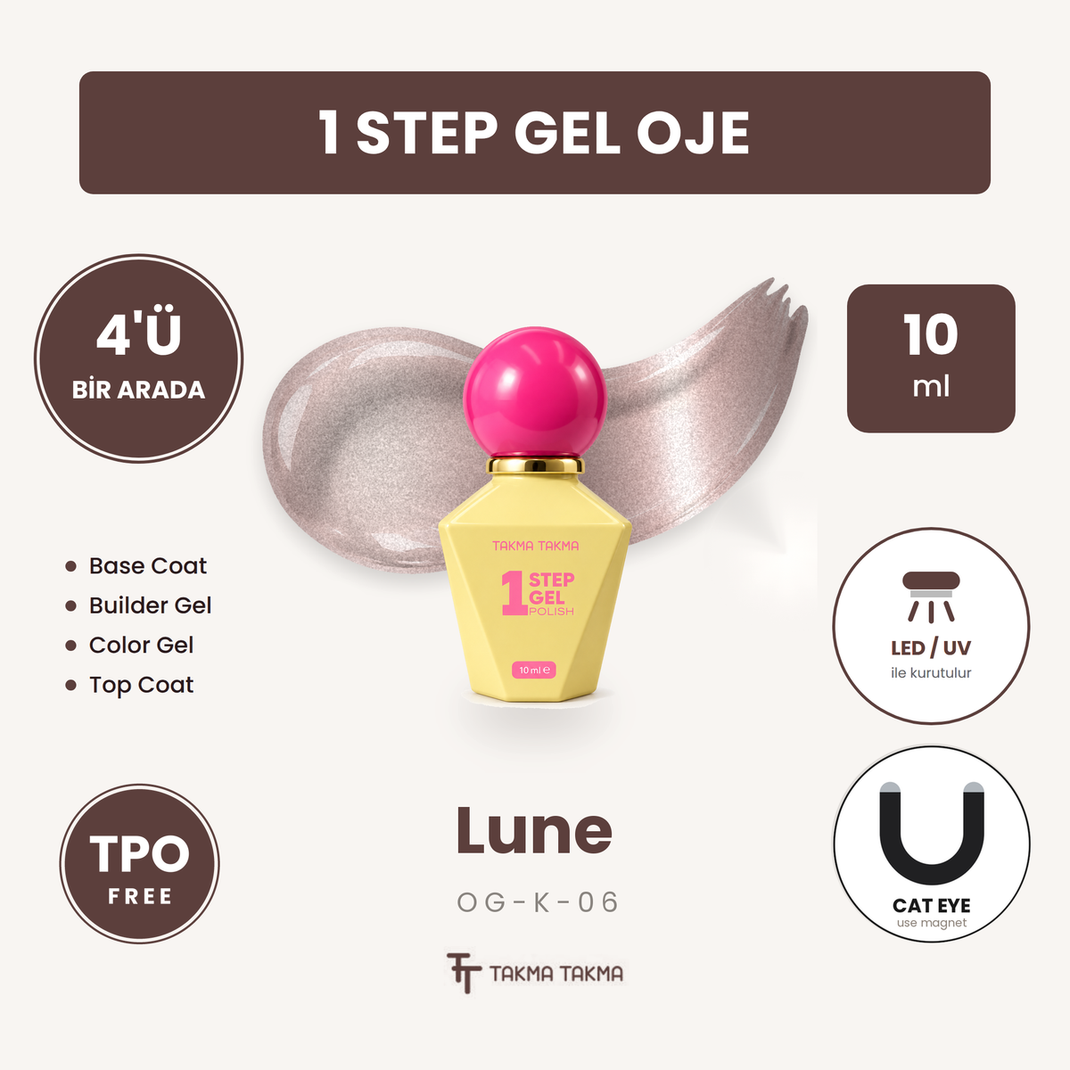 Lune Rose Gold Nude Kedi Gözü Kalıcı Oje – 4'ü 1 Arada One Step Jel OG-K-06