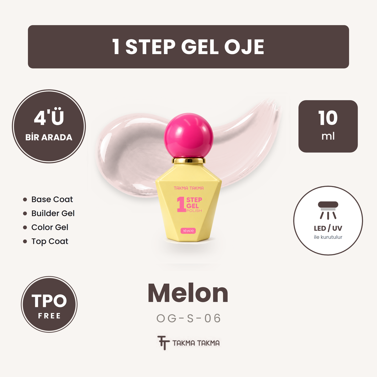 Melon Açık Pembe Şeffaf Jelly Kalıcı Oje – 4'ü 1 Arada One Step Jel OG-S-06
