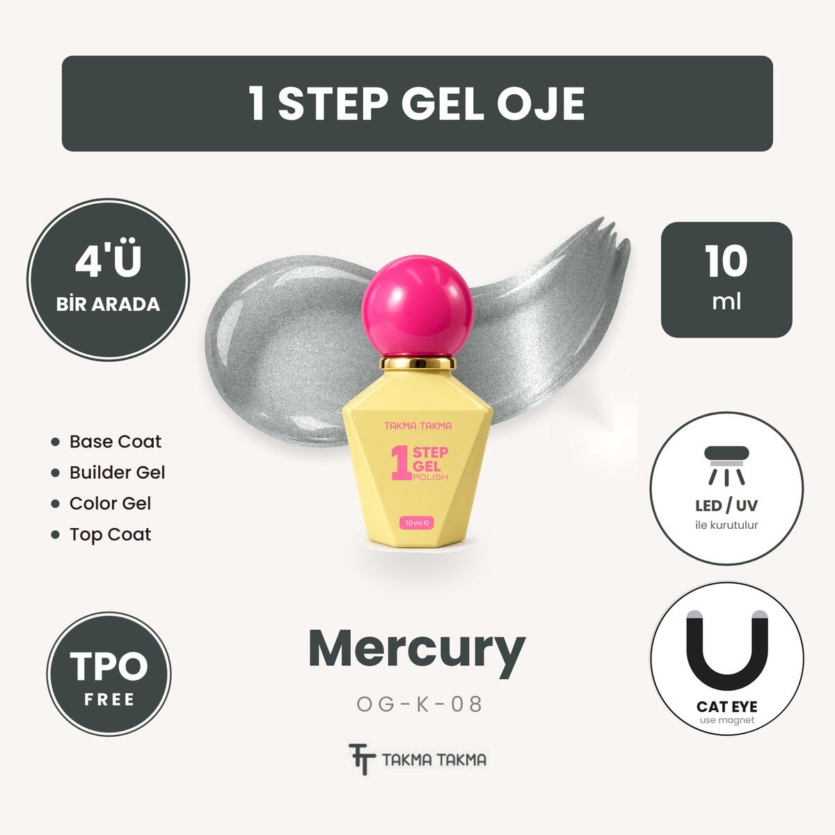 Mercury Gümüş Gri Kedi Gözü Kalıcı Oje – 4'ü 1 Arada One Step Jel OG-K-08