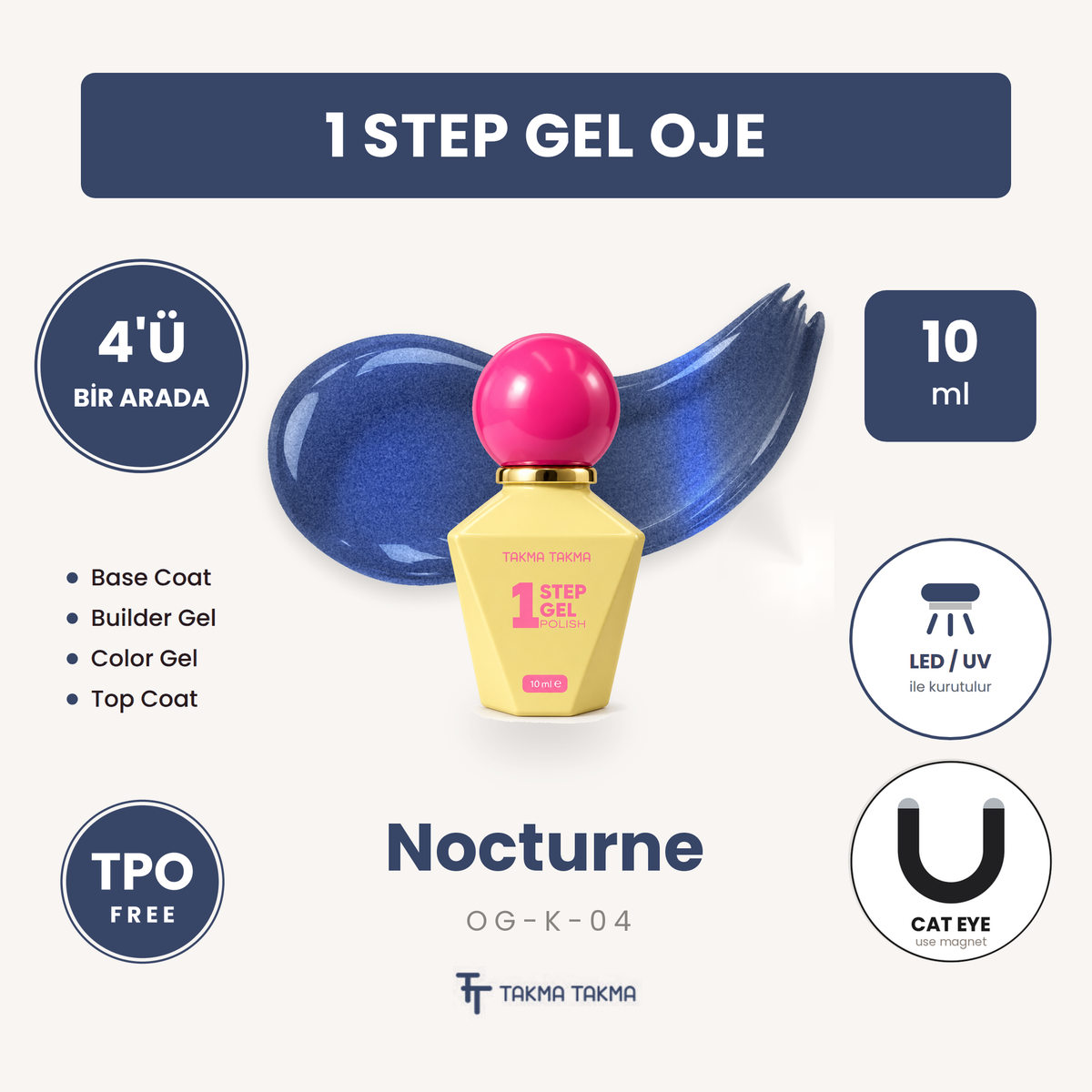 Nocturne Gece Mavisi Kedi Gözü Kalıcı Oje – 4'ü 1 Arada One Step Jel OG-K-04