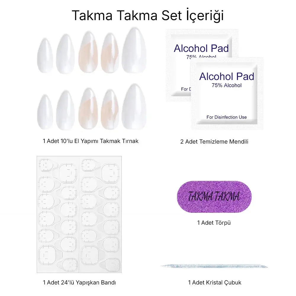 10'lu Beyaz Uzun Badem TT0511 Tekrar Kullanılabilir El Yapımı Protez Takma Tırnak Takma Takma