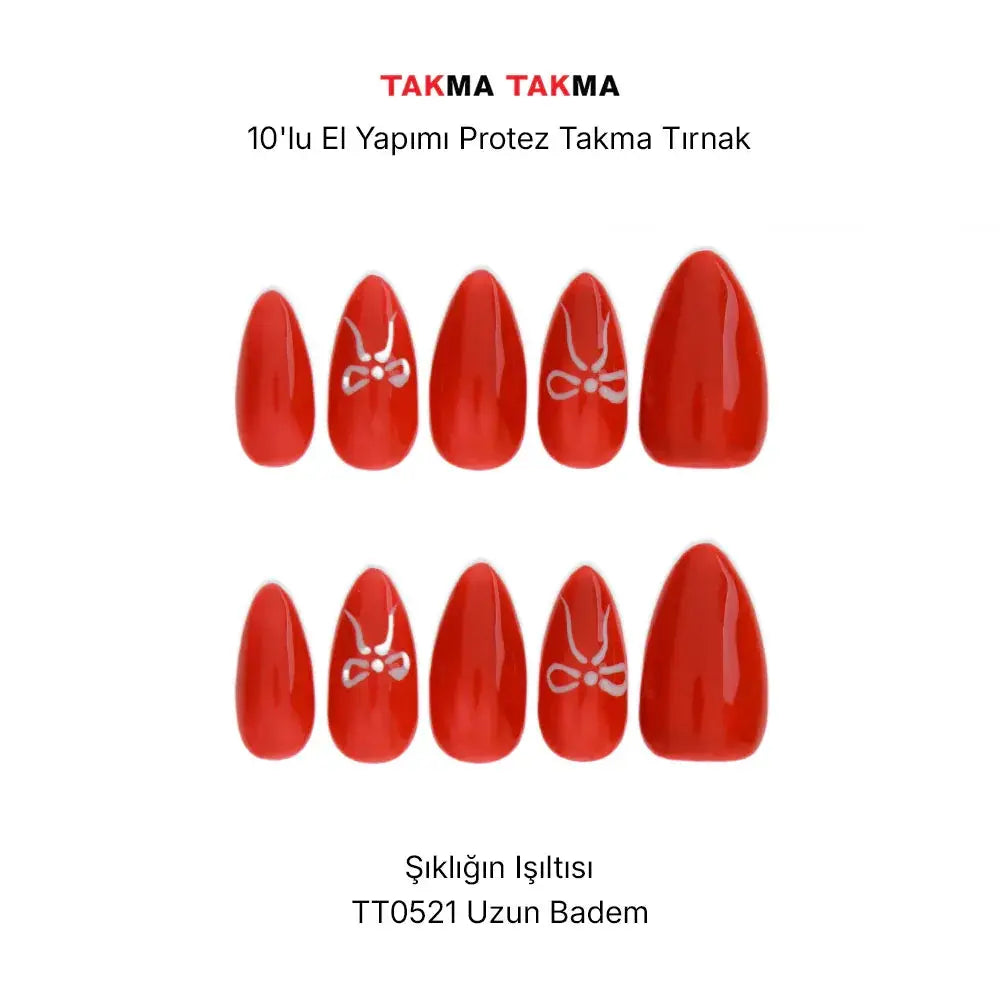 10'lu Kırmızı Uzun Badem TT0521 Tekrar Kullanılabilir El Yapımı Protez Takma Tırnak Takma Takma