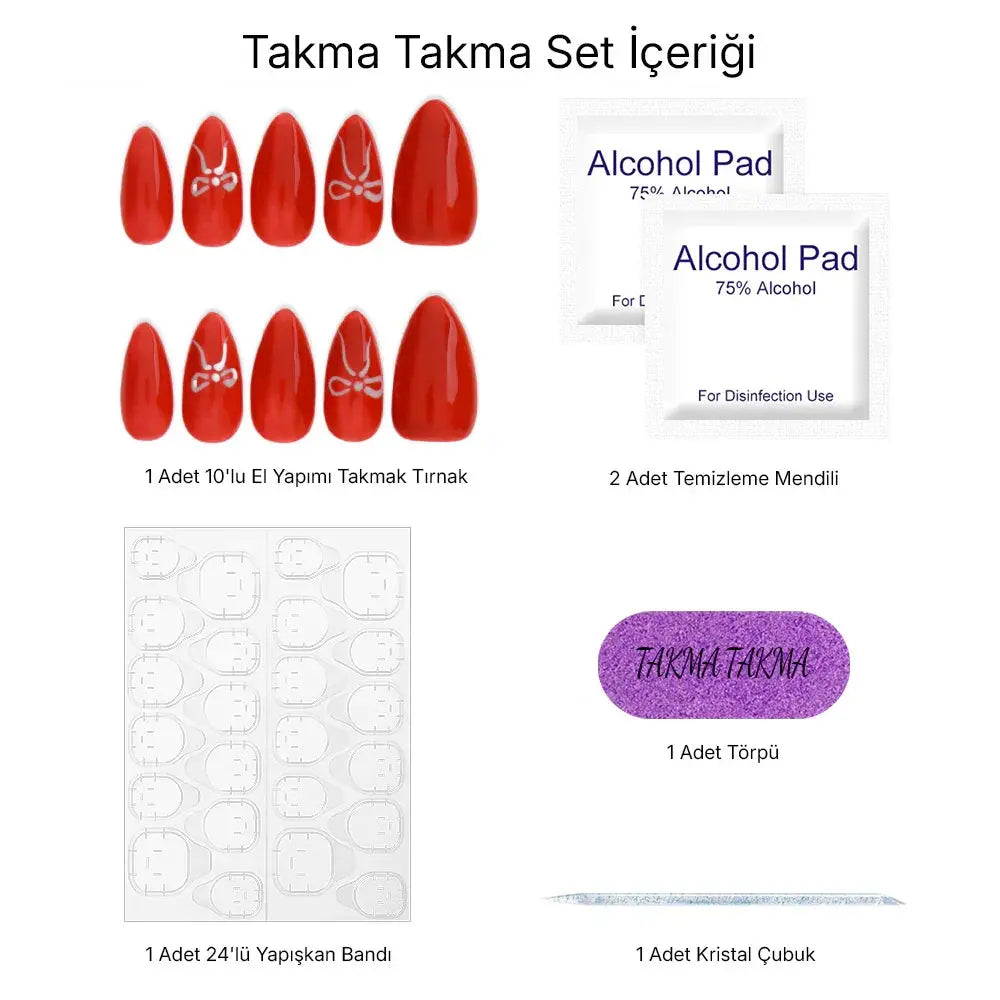 10'lu Kırmızı Uzun Badem TT0521 Tekrar Kullanılabilir El Yapımı Protez Takma Tırnak Takma Takma