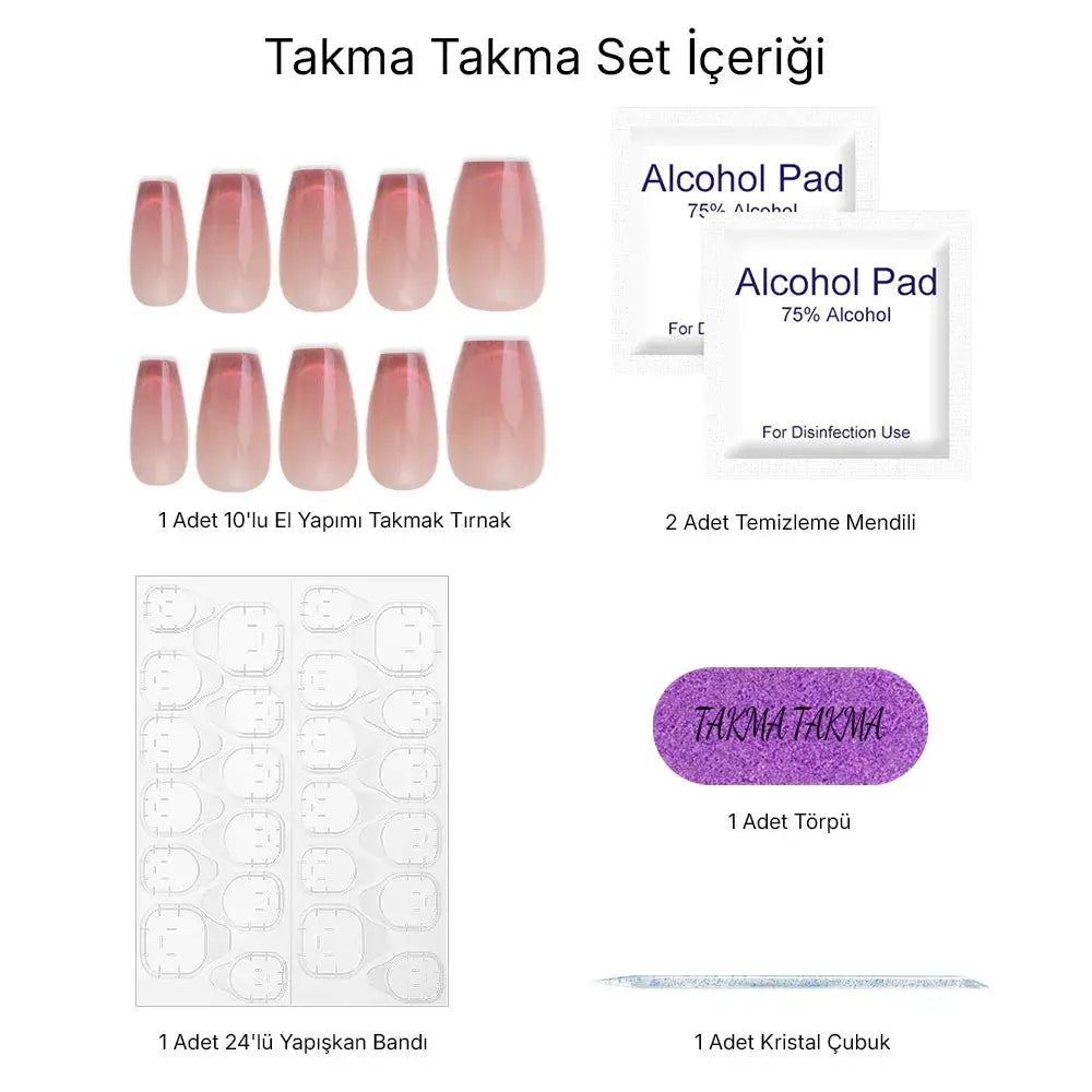10'lu Ten Rengi  Orta Balerin TT0591 Tekrar Kullanılabilir El Yapımı Protez Takma Tırnak Takma Takma