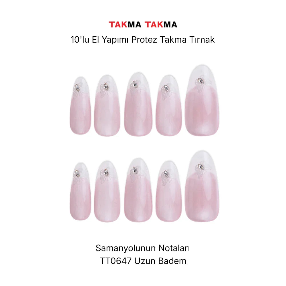 10'lu Pembe Uzun Badem TT0647 Tekrar Kullanılabilir El Yapımı Protez Takma Tırnak Takma Takma