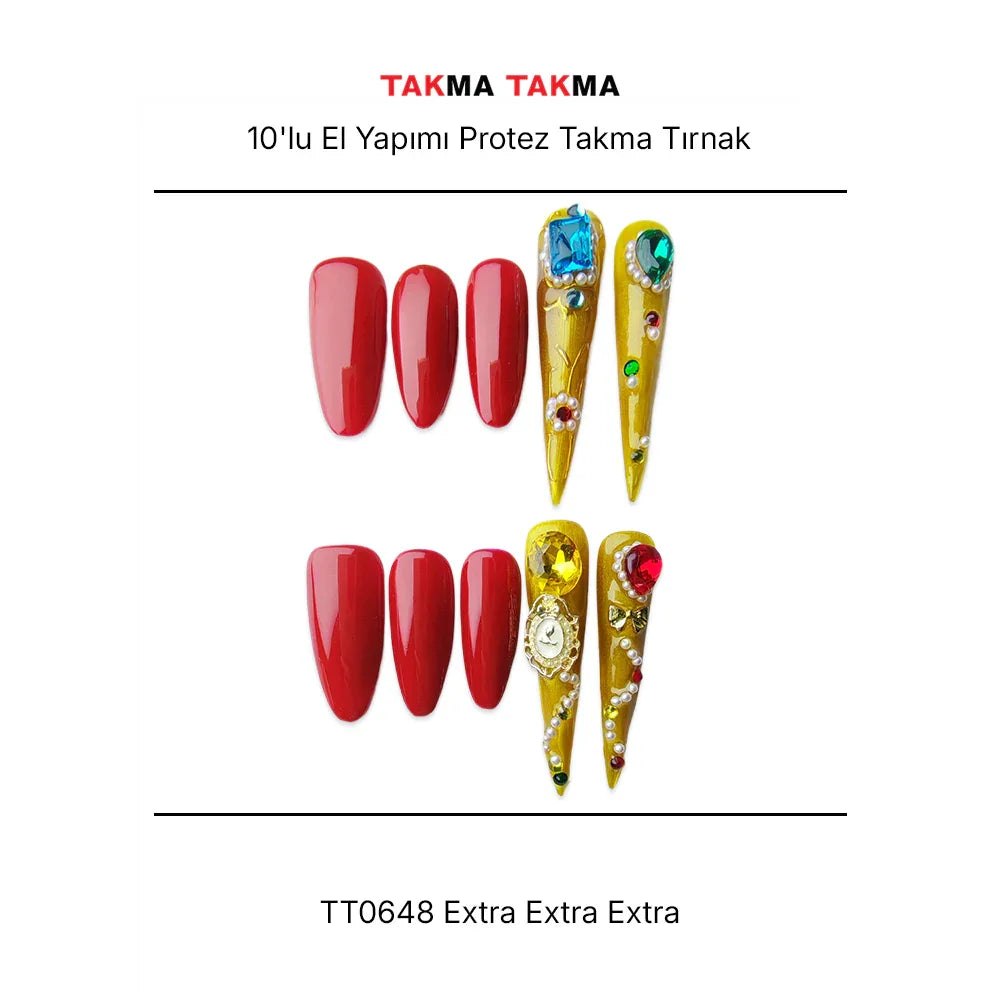 10'lu Renkli Extra Extra Extra TT0648  Tekrar Kullanılabilir El Yapımı Protez Takma Tırnak Takma Takma