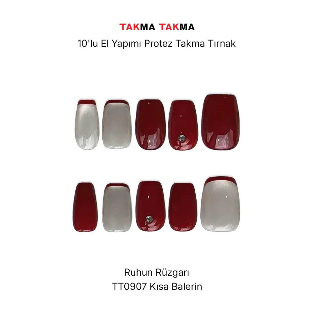 10'lu Bordo Kısa Balerin TT0907 Tekrar Kullanılabilir El Yapımı Protez Takma Tırnak Takma Takma