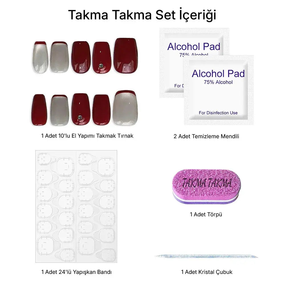 10'lu Bordo Kısa Balerin TT0907 Tekrar Kullanılabilir El Yapımı Protez Takma Tırnak Takma Takma