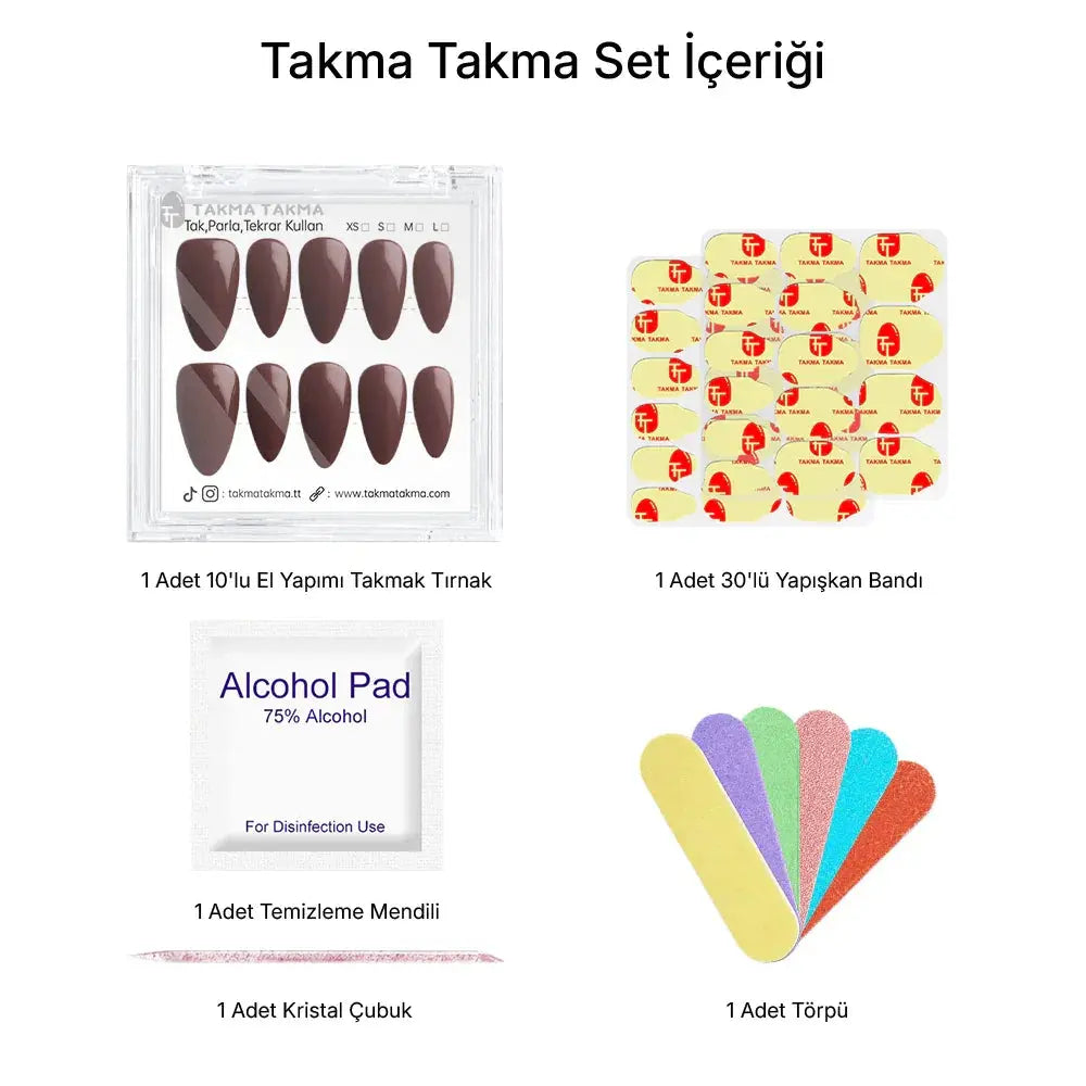 10'lu Bordo Kısa Badem TT0937 Tekrar Kullanılabilir El Yapımı Protez Takma Tırnak Takma Takma