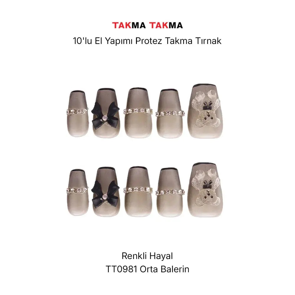 TT0981 - 0981 Zirkon Noktürn - 10'lu Tekrar Kullanılabilir El Yapımı Protez Takma Tırnak Takma Takma