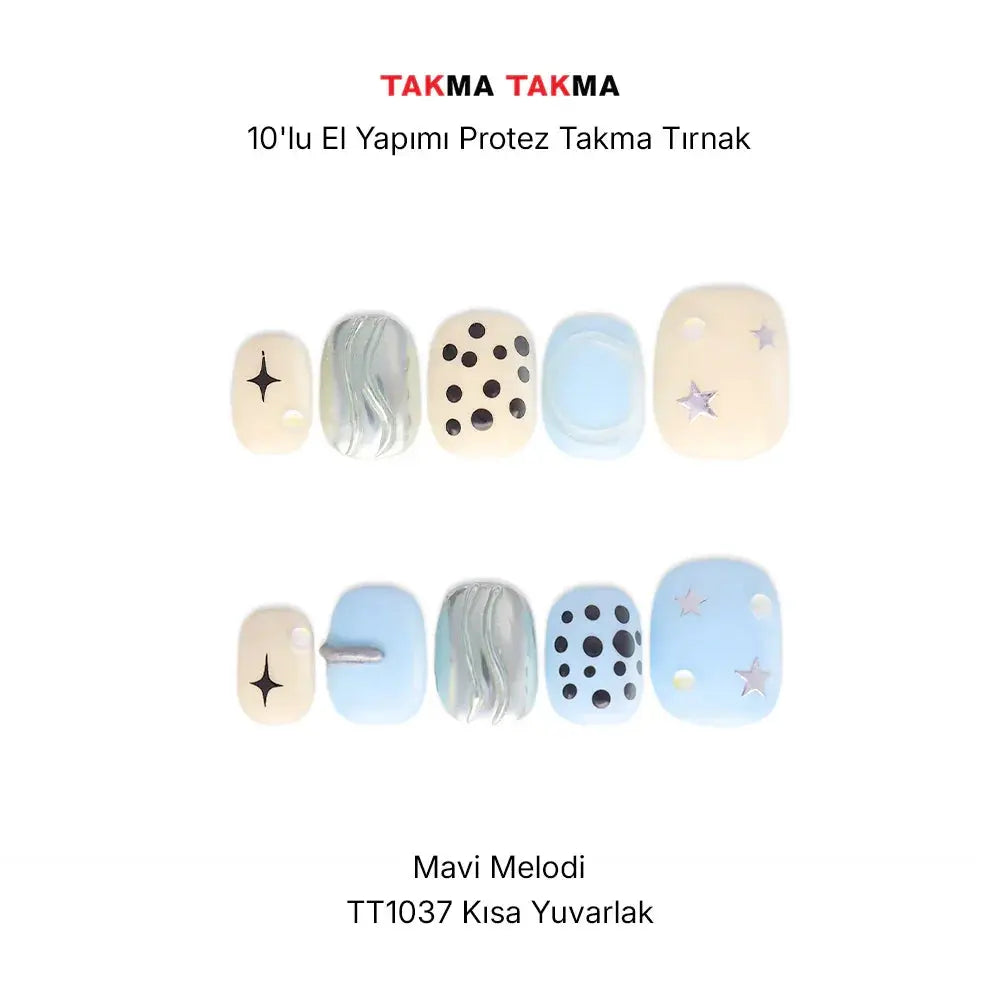 10'lu Mavi Kısa Yuvarlak TT1037 Tekrar Kullanılabilir El Yapımı Protez Takma Tırnak Takma Takma