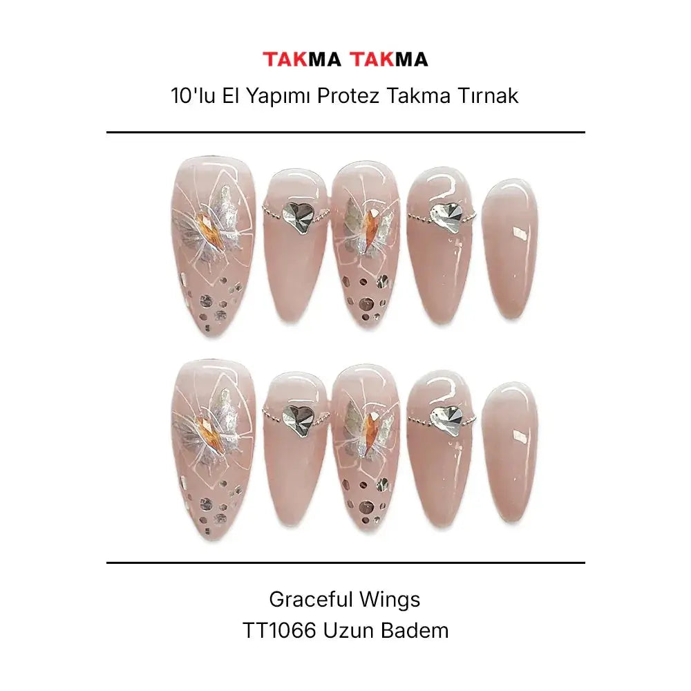 10'lu Pembe Uzun Badem TT1066 Tekrar Kullanılabilir El Yapımı Protez Takma Tırnak Takma Takma