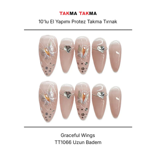 Tekrar Kullanılabilir El Yapımı Protez Takma Tırnak Graceful Wings - 10'lu - TT1066