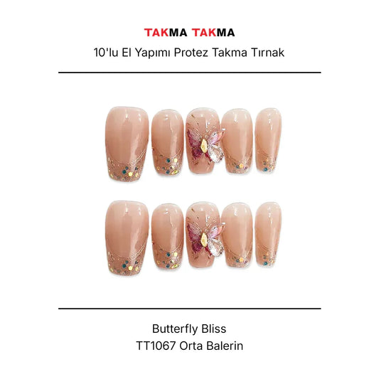 Tekrar Kullanılabilir El Yapımı Protez Takma Tırnak Butterfly Bliss - 10'lu TT1067