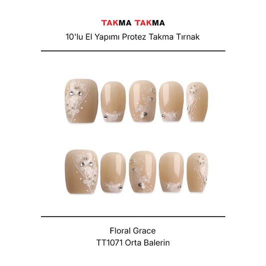 Tekrar Kullanılabilir El Yapımı Protez Takma Tırnak Floral Grace - 10'lu  - TT1071