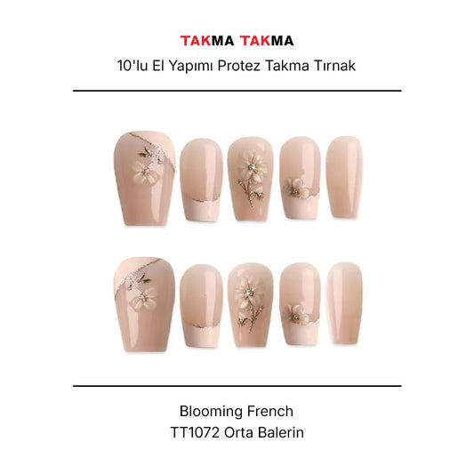 Tekrar Kullanılabilir El Yapımı Protez Takma Tırnak Blooming French - 10'lu - TT1072
