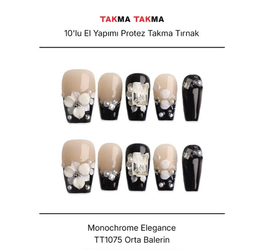 Tekrar Kullanılabilir El Yapımı Protez Takma Tırnak Monochrome Elegance - 10'lu - TT1075