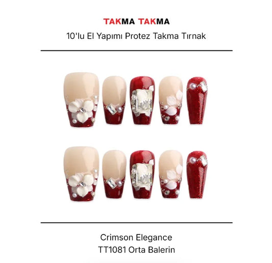Tekrar Kullanılabilir El Yapımı Protez Takma Tırnak Crimson Elegance - 10'lu - TT1081