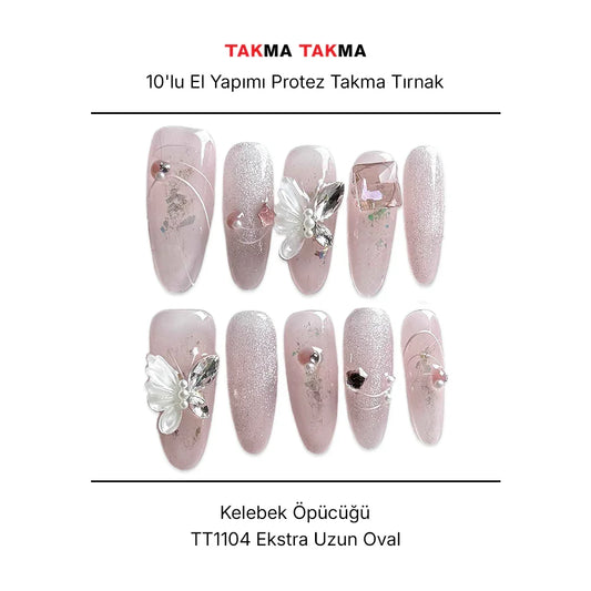 Tekrar Kullanılabilir El Yapımı Protez Takma Tırnak TT1104 - Kelebek Öpücüğü - 10'lu