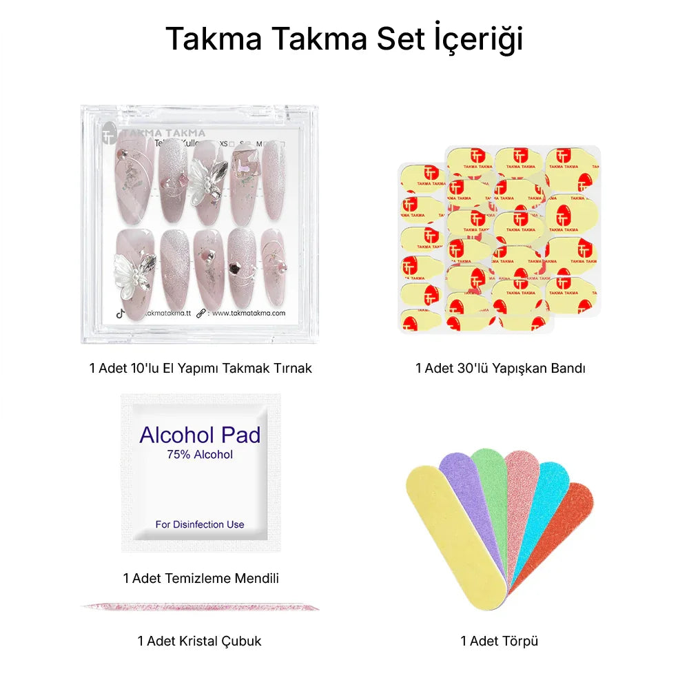 Tekrar Kullanılabilir El Yapımı Protez Takma Tırnak TT1104 - Kelebek Öpücüğü - 10'lu