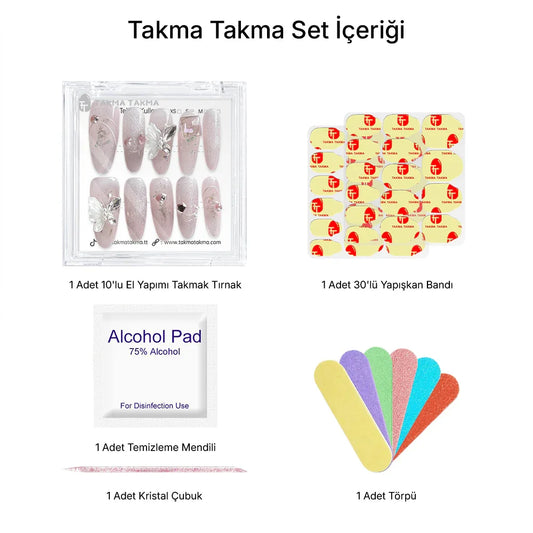 Tekrar Kullanılabilir El Yapımı Protez Takma Tırnak TT1104 - Kelebek Öpücüğü - 10'lu