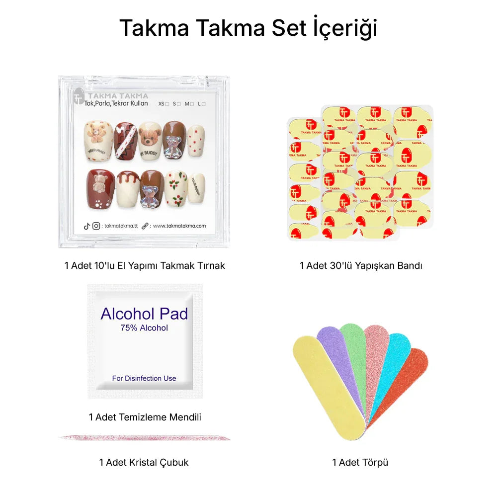 10'lu Kahverengi Kısa Balerin TT1108 Tekrar Kullanılabilir El Yapımı Protez Takma Tırnak Takma Takma
