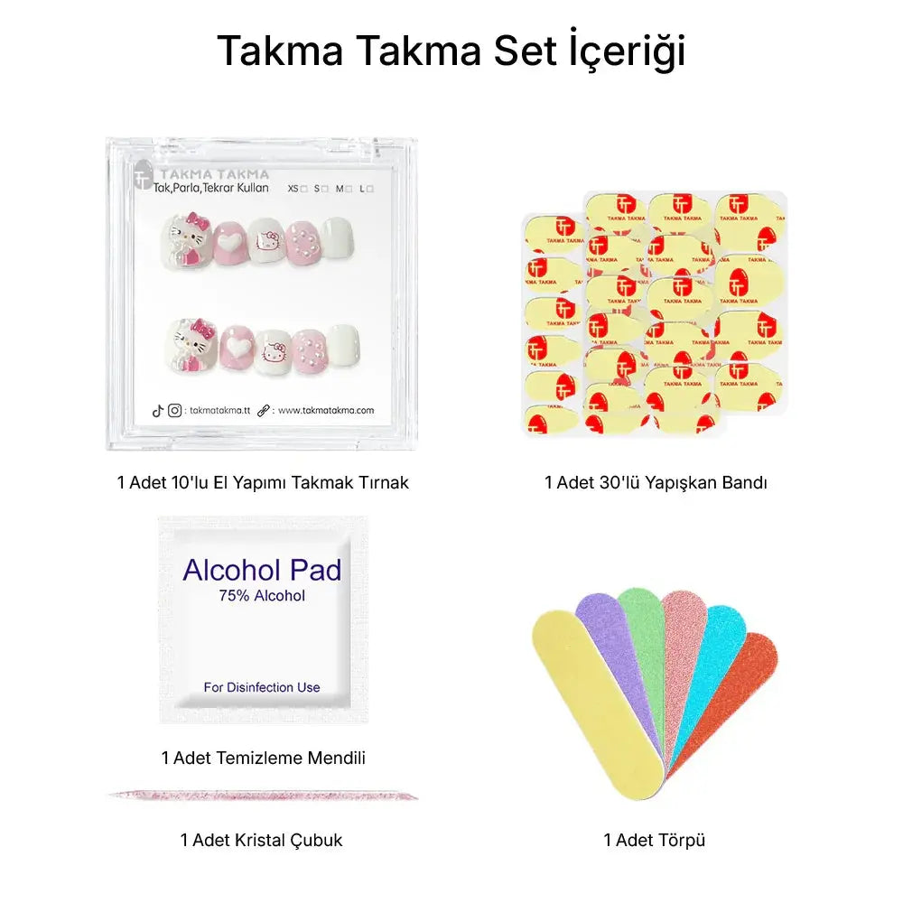 10'lu Pembe Çocuk Tırnağı TT1111 Tekrar Kullanılabilir El Yapımı Protez Takma Tırnak Takma Takma