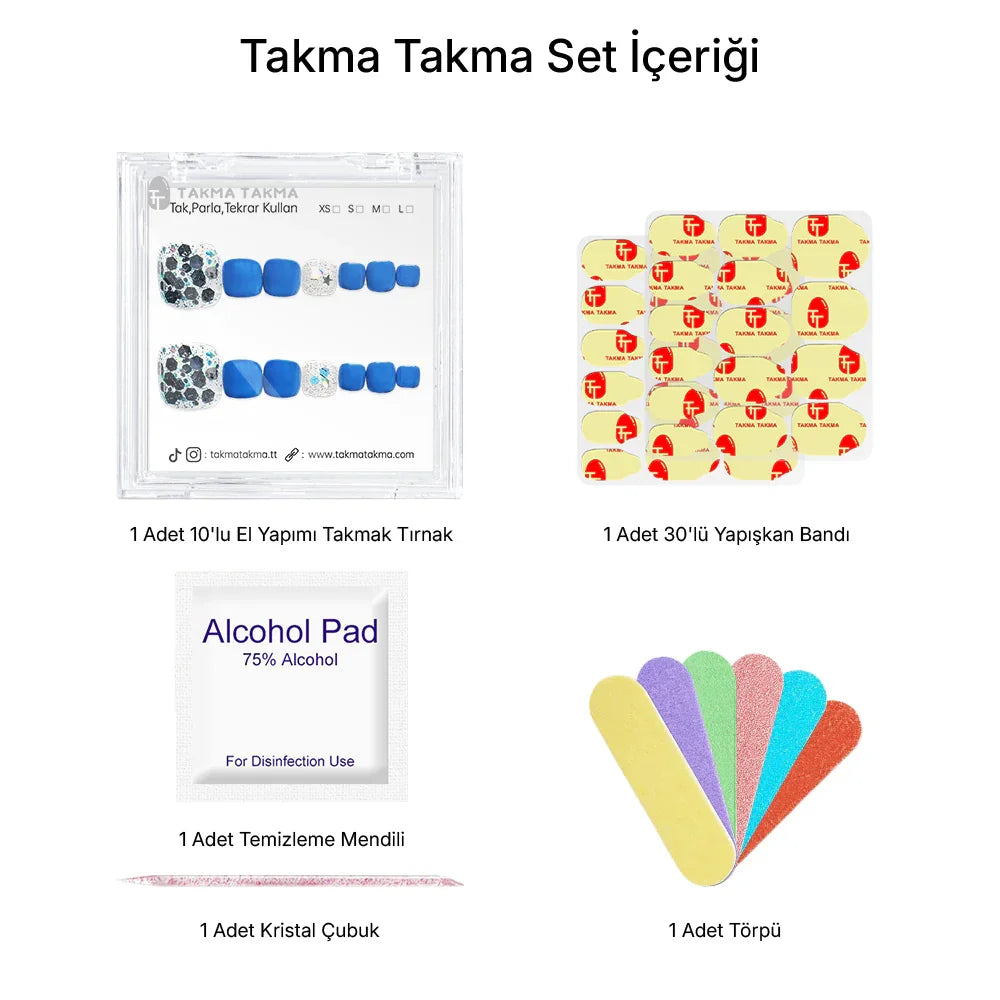 10'lu Mavi Ayak Tırnağı TT1112 Tekrar Kullanılabilir El Yapımı Protez Takma Tırnak Takma Takma