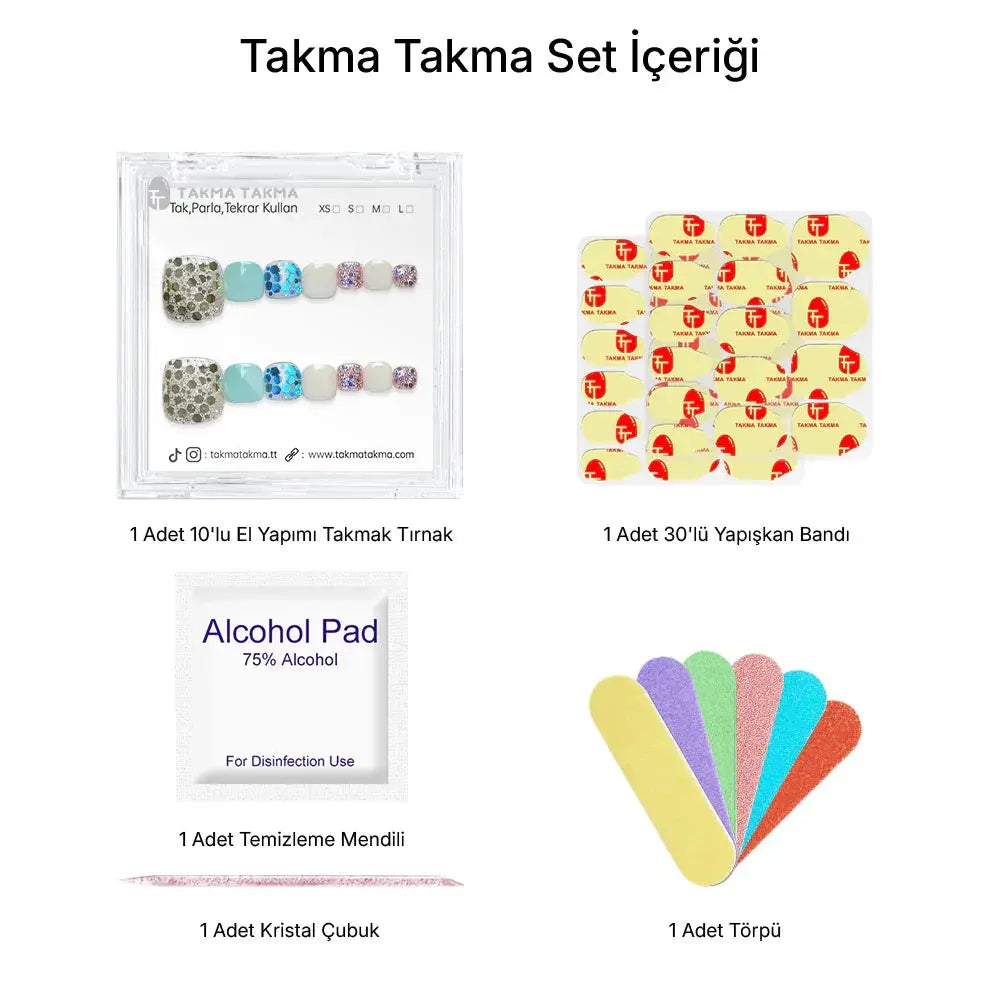 10'lu Renkli Ayak Tırnağı TT1120 Tekrar Kullanılabilir El Yapımı Protez Takma Tırnak Takma Takma