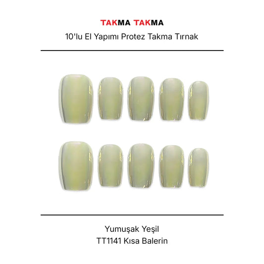 Tekrar Kullanılabilir El Yapımı Protez Takma Tırnak TT1141 - Yumuşak Yeşil - 10'lu