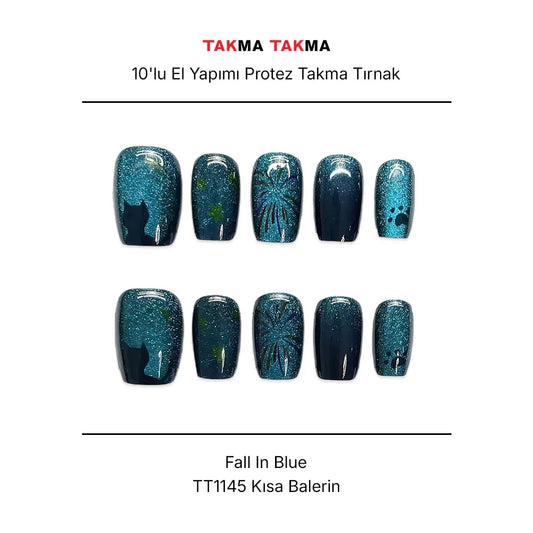 Tekrar Kullanılabilir El Yapımı Protez Takma Tırnak - Fall In Blue - 10'lu TT1145