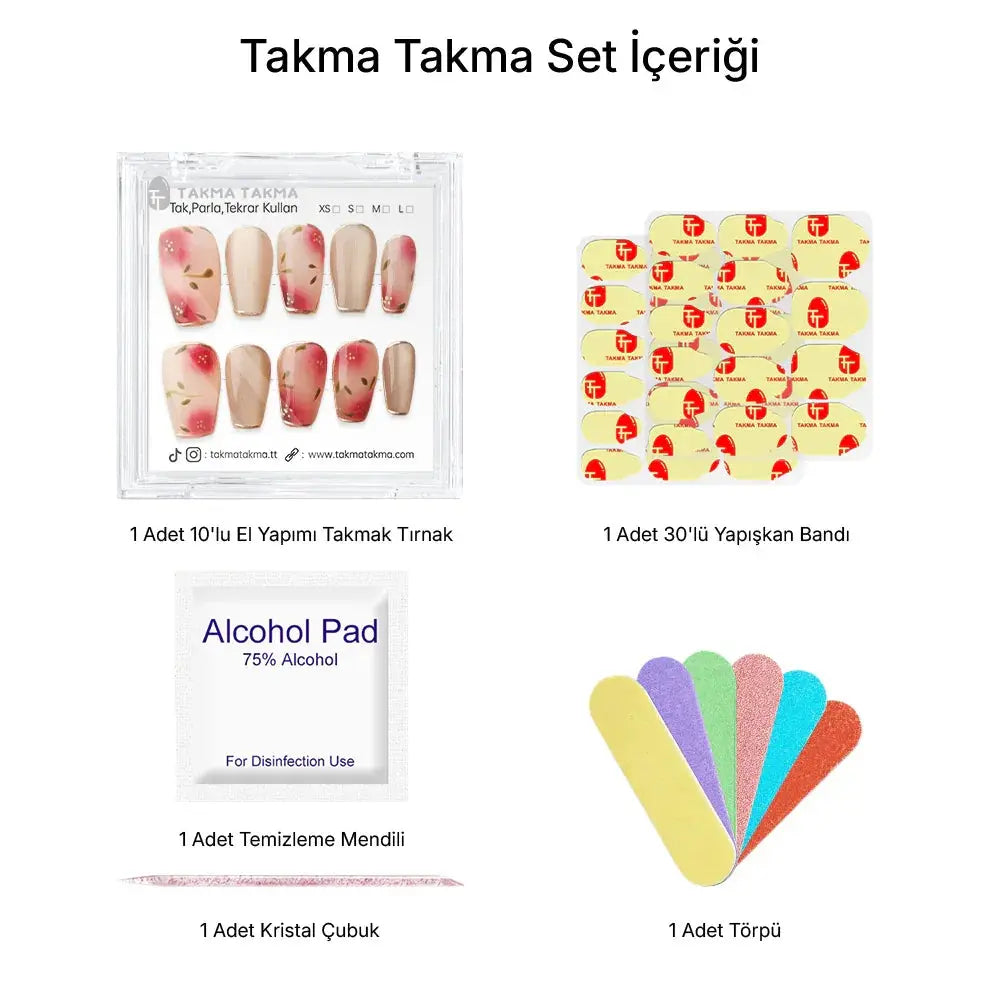 10'lu Renkli Orta Balerin TT1146 Tekrar Kullanılabilir El Yapımı Protez Takma Tırnak Takma Takma
