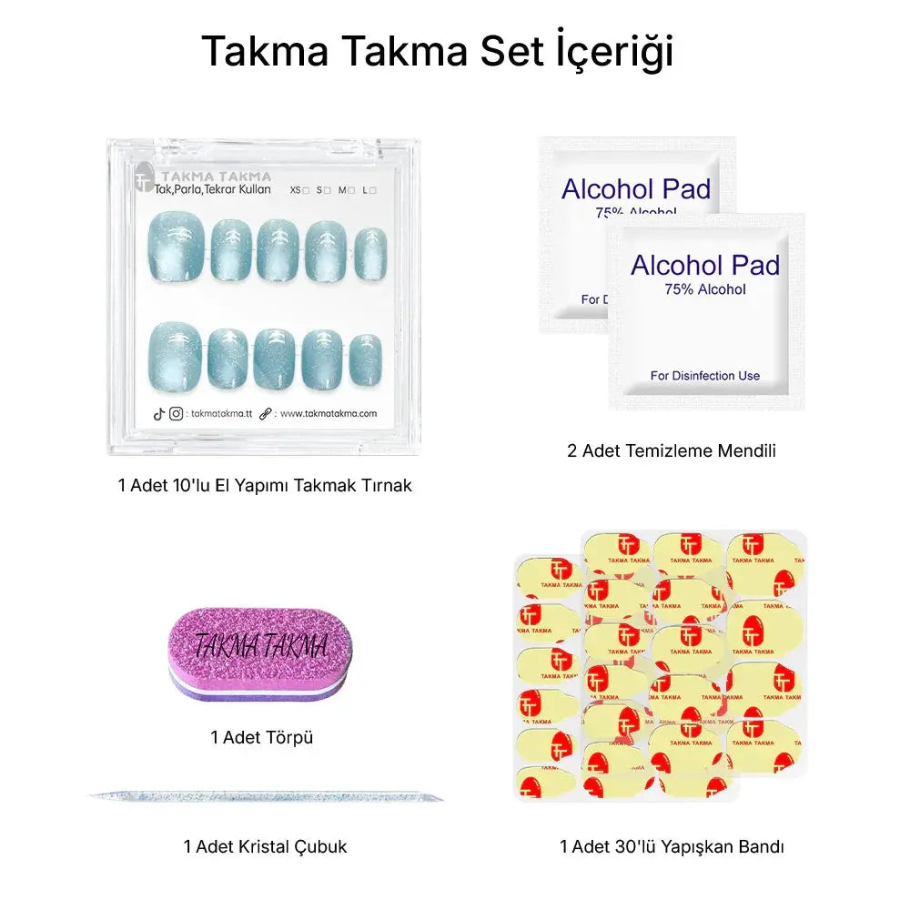 10'lu Mavi Kısa Yuvarlak TT1158 Tekrar Kullanılabilir El Yapımı Protez Takma Tırnak Takma Takma