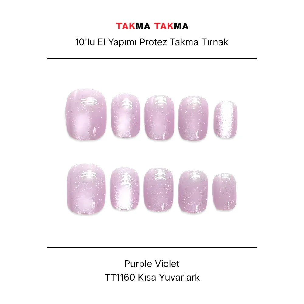 10'lu Mor Kısa Yuvarlak TT1160 Tekrar Kullanılabilir El Yapımı Protez Takma Tırnak Takma Takma