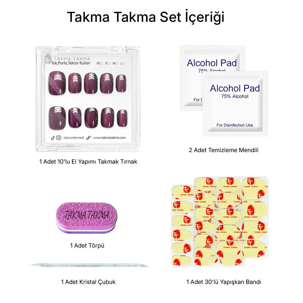 10'lu Mor Kısa Yuvarlak TT1163 Tekrar Kullanılabilir El Yapımı Protez Takma Tırnak Takma Takma