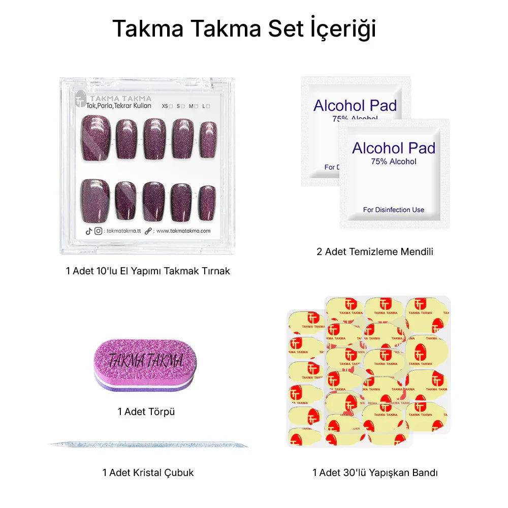 10'lu Mor Kısa Balerin TT1164 Tekrar Kullanılabilir El Yapımı Protez Takma Tırnak Takma Takma