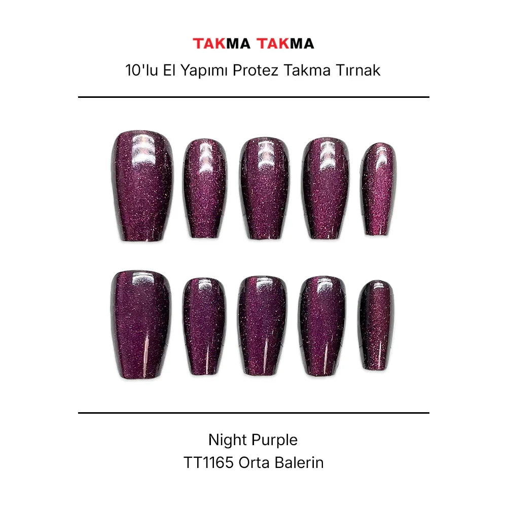 Tekrar Kullanılabilir El Yapımı Protez Takma Tırnak TT1165 - Night Purple - 10'lu