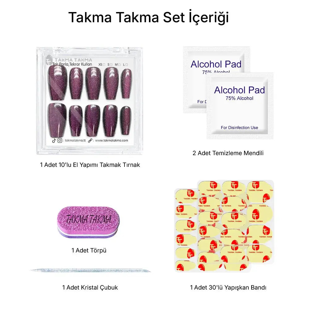 10'lu Mor Orta Balerin TT1165 Tekrar Kullanılabilir El Yapımı Protez Takma Tırnak Takma Takma