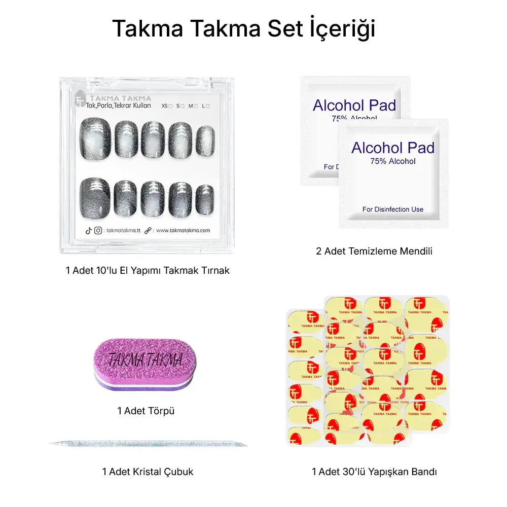 10'lu Gri Kısa Yuvarla TT1167 Tekrar Kullanılabilir El Yapımı Protez Takma Tırnak Takma Takma