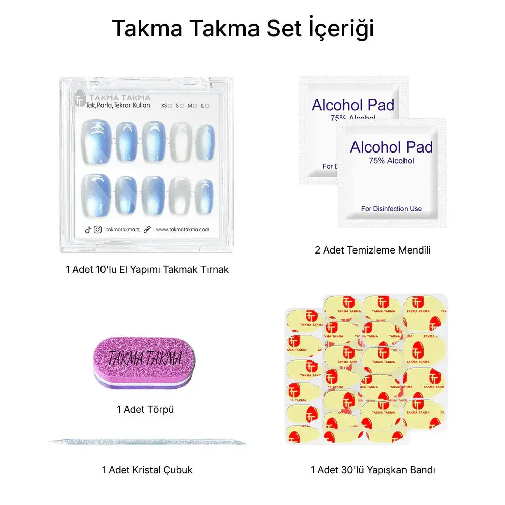 10'lu Mavi Kısa Balerin TT1169 Tekrar Kullanılabilir El Yapımı Protez Takma Tırnak Takma Takma