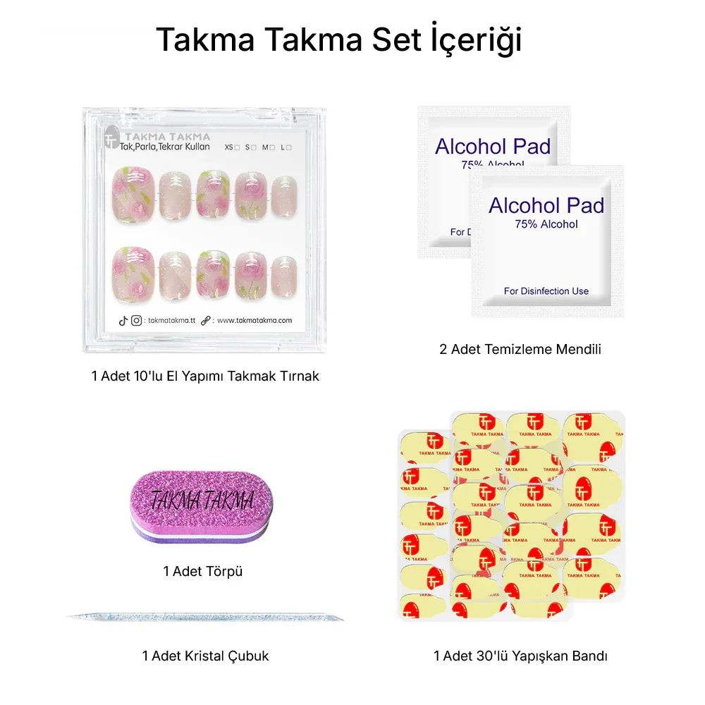 10'lu Pembe Kısa Yuvarlak TT1172 Tekrar Kullanılabilir El Yapımı Protez Takma Tırnak Takma Takma