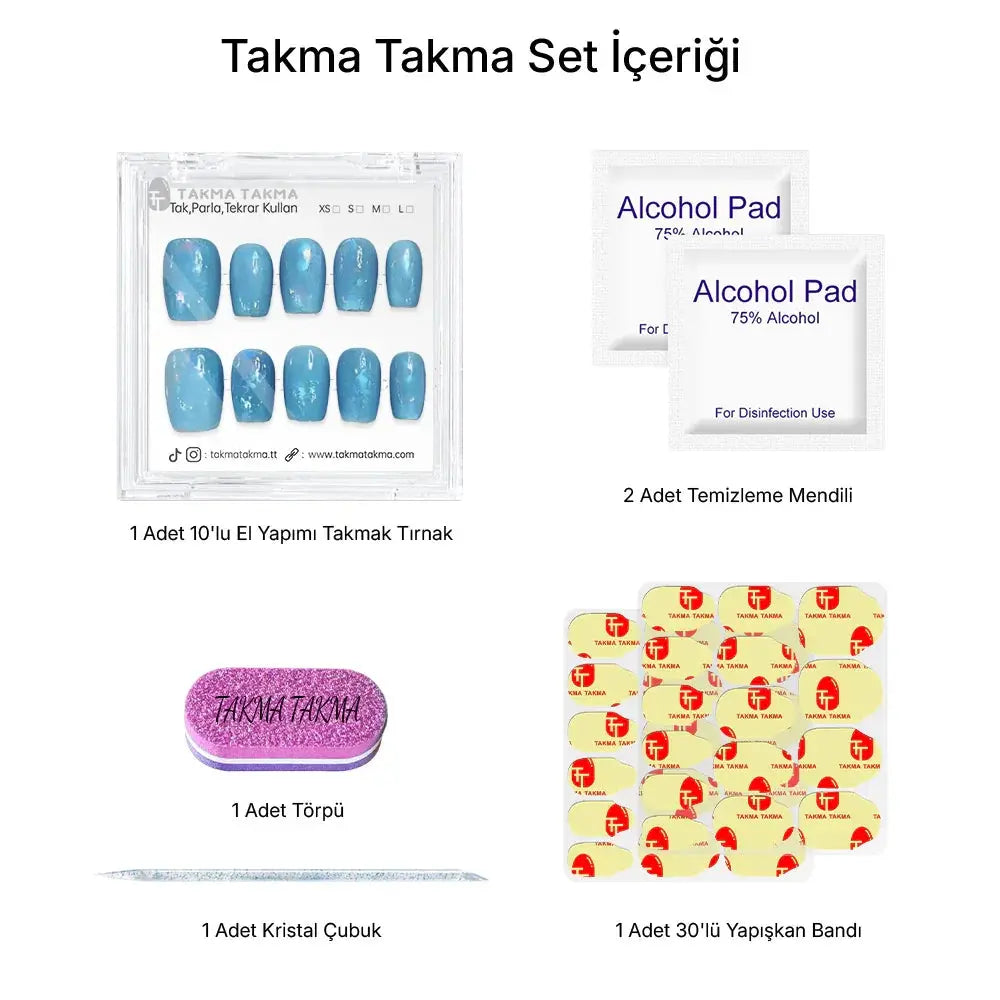 10'lu Mavi Kısa Balerin TT1176 Tekrar Kullanılabilir El Yapımı Protez Takma Tırnak Takma Takma