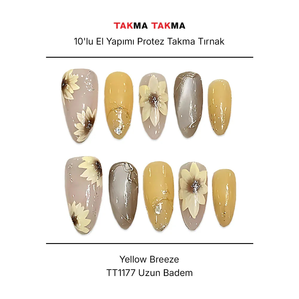 Tekrar Kullanılabilir El Yapımı Protez Takma Tırnak TT1177 - Yellow Breeze - 10'lu