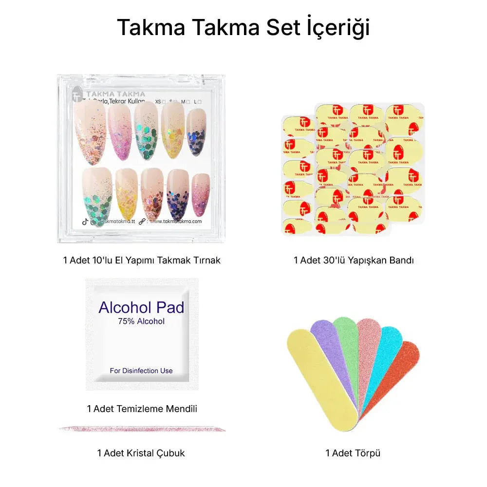 10'lu Renkli Uzun Badem TT1183 Tekrar Kullanılabilir El Yapımı Protez Takma Tırnak Takma Takma