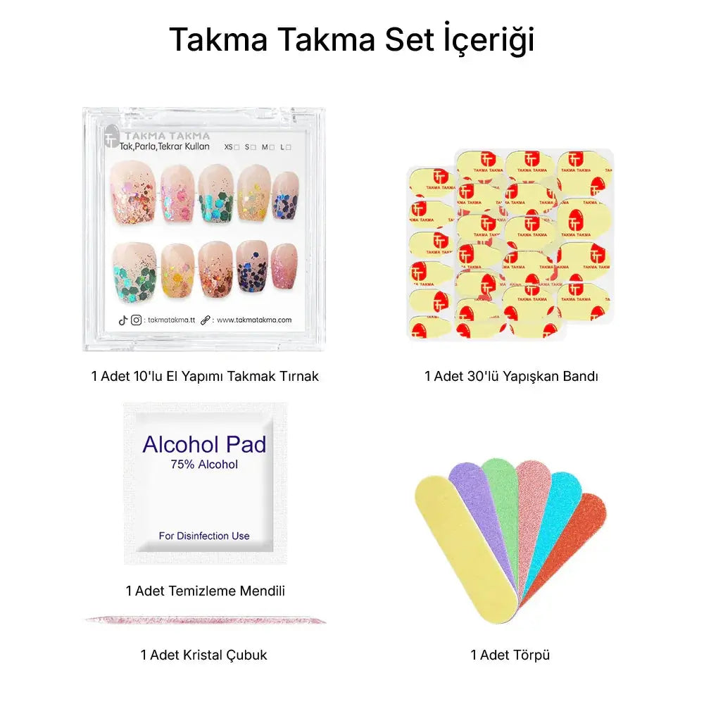10'lu Renkli Kısa Balerin TT1184 Tekrar Kullanılabilir El Yapımı Protez Takma Tırnak Takma Takma