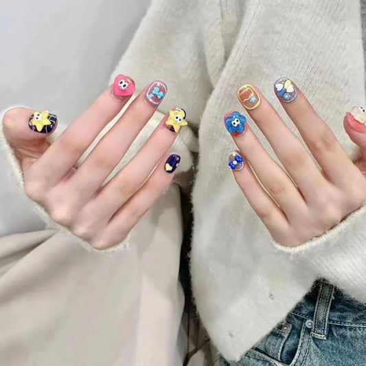 10'lu Renkli Kısa Yuvarlak TT1189 Tekrar Kullanılabilir El Yapımı Protez Takma Tırnak