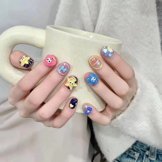 10'lu Renkli Kısa Yuvarlak TT1189 Tekrar Kullanılabilir El Yapımı Protez Takma Tırnak