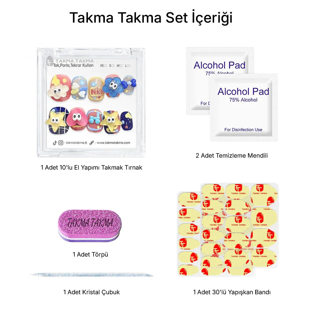 10'lu Renkli Kısa Yuvarlak TT1189 Tekrar Kullanılabilir El Yapımı Protez Takma Tırnak