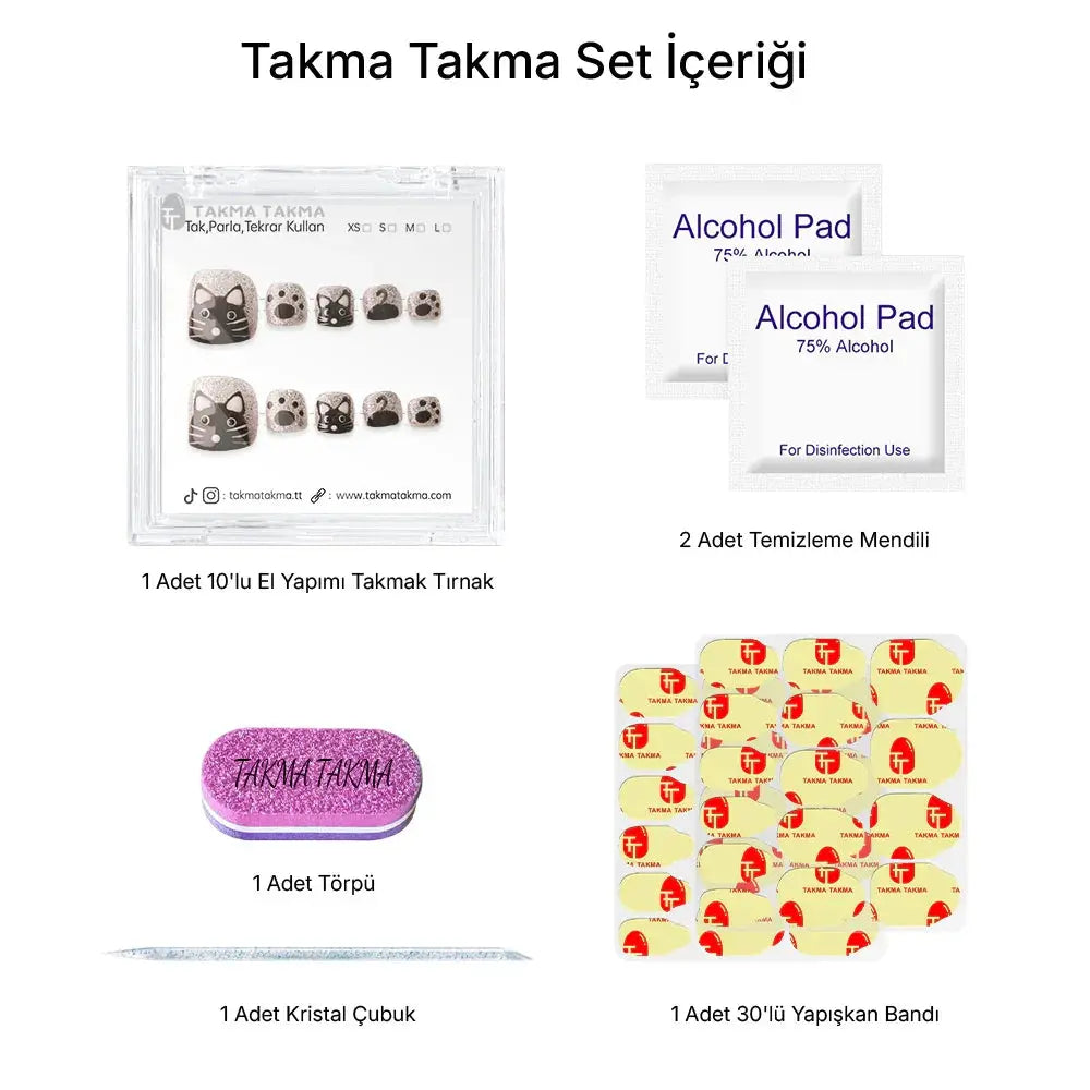 10'lu Siyah Ayak Tırnağı TT1194 Tekrar Kullanılabilir El Yapımı Protez Takma Tırnak Takma Takma
