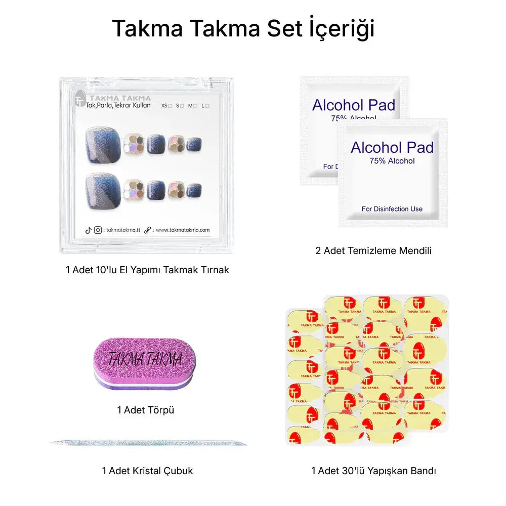 10'lu Mavi Ayak Tırnağı TT1195 Tekrar Kullanılabilir El Yapımı Protez Takma Tırnak Takma Takma